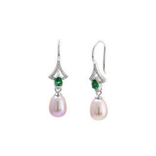 Sterling Silver Fashion And Elegant Geometric Purple Freshwater Pearl Earrings With Green Cubic Zirconia Silver - One Size