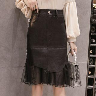 Lace Panel Faux Leather Pencil Skirt