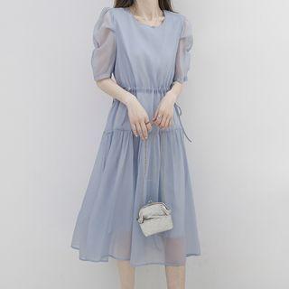 Puff-sleeve Drawstring Midi A-line Dress Light Blue - One Size