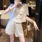 Short-sleeve Plain Lace V-neck Button-up Blouse And Straight-cut Jeans