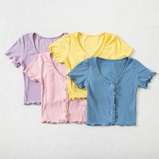 Buttoned Lettuce Edge Short-sleeve Top