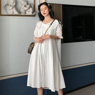 Peter Pan Collar Tie Neck Plain Dress White - One Size