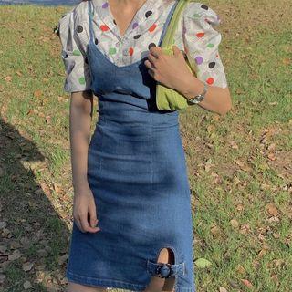 Patterned Short-sleeve Shirt / Denim Jumper Dress