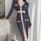 Long-sleeve Button-up Geometric Knit Midi Bodycon Dress