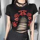 Short-sleeve Rose Print Cutout Crop Top