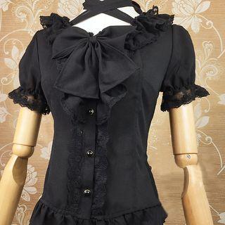 Bow Accent Lace Trim Short Sleeve Shirt
