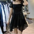 Puff-sleeve Off-shoulder Mesh Panel A-line Dress