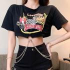 Short-sleeve Lettering Cropped T-shirt / Cutout Hot Pants