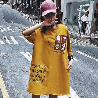 Elbow-sleeve Print Oversized T-shirt