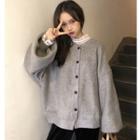 Puff-sleeve Button Cardigan/ Long-sleeve Lace Top