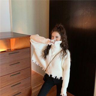 Plain Turtle-neck Loose-fit Long-sleeve Zip Knit Sweater