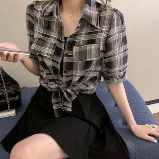 Short-sleeve Plaid Sheer Crop Shirt / Spaghetti Strap Mini A-line Dress