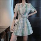 Plaid Double-breasted Short-sleeve Dress As Shown In Figure - One Size