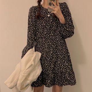 Long-sleeve Floral Print Mini Dress Floral - White & Black - One Size