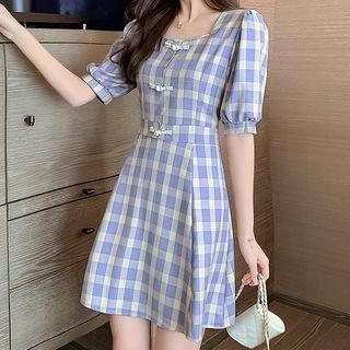 Gingham Square-neck Elbow-sleeve Mini A-line Dress