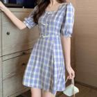 Gingham Square-neck Elbow-sleeve Mini A-line Dress
