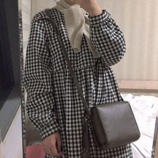 Lapel Gingham Dress Gingham - One Size