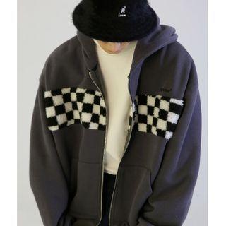 Checkerboard Panel Hooded Zip-up Jacket