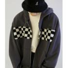Checkerboard Panel Hooded Zip-up Jacket