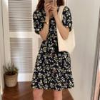 Short Sleeve V-neck Floral Print Buttoned A-line Dress