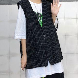 Check Button Vest Plaid - Black - One Size