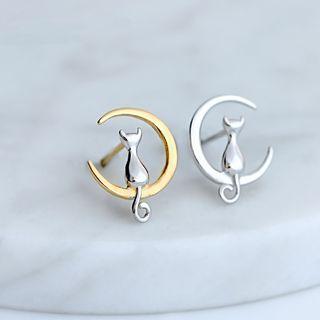 Sterling Silver Cat & Moon Studs