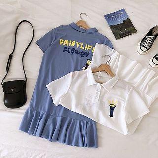 Picture Lettering Print Ruffled-trim Short-sleeve Dress