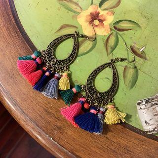 Color Block Tassel Drop Earring 1 Pair - Blue & Green & Yellow - One Size