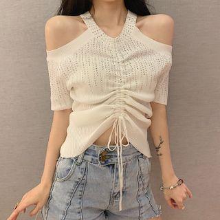 Elbow-sleeve Cold-shoulder Rhinestone Top
