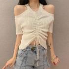 Elbow-sleeve Cold-shoulder Rhinestone Top