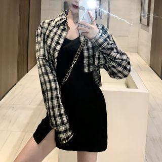 Set: Plaid Crop Shirt + Side Slit Spaghetti Strap Dress