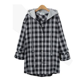 Plaid Hooded Buttoned Jacket