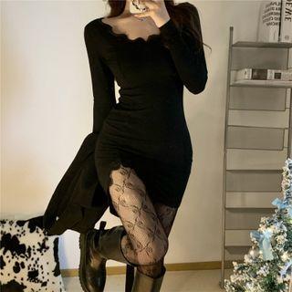 Long Sleeve Lace Panel Slit Mini Bodycon Dress Black - One Size