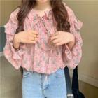 Long-sleeve Ruffle Trim Tie-neck Floral Printed Blouse Pink - One Size