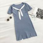 Color-block Lace-up Short-sleeve Knit Dress Blue - One Size