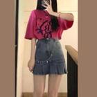 Short-sleeve Lettering T-shirt / Denim Mini Pleated Skirt