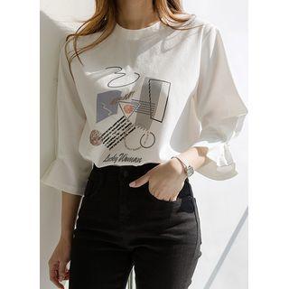 Pintuck-cuff Letter Printed T-shirt White - One Size