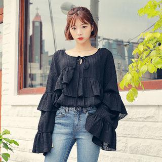 Long-sleeve Tie-front Tiered Top