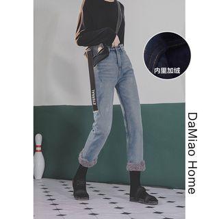 Patchwork Furry-lined Straight-cut Jeans