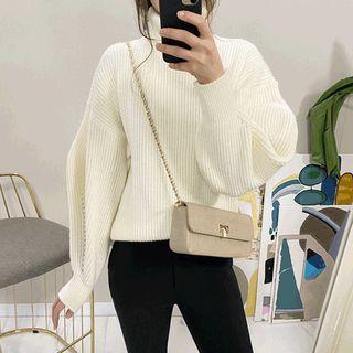 Trutle-neck Drop-shoulder Rib-knit Top