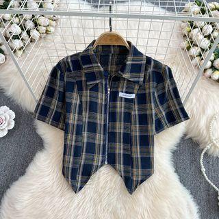 Short Sleeve Gingham Zip Front Crop Shirt
