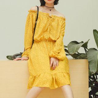Long-sleeve Off Shoulder Dotted Dress Yellow - One Size