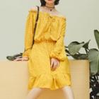 Long-sleeve Off Shoulder Dotted Dress Yellow - One Size