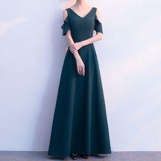 V-neck Cutout Shoulder Short-sleeve Evening Gown