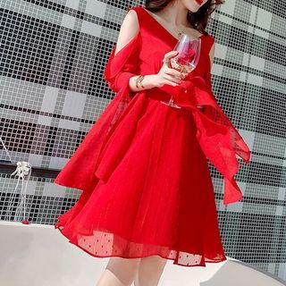 Dotted Cold Shoulder Flared-sleeve A-line Dress