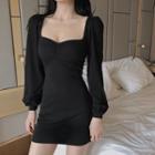Balloon-sleeve Shirred A-line Dress Black - One Size