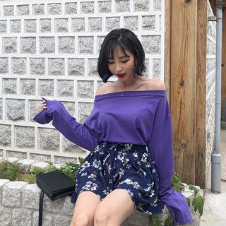 Off-shoulder Long-sleeve Colored T-shirt