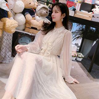 Set: Bell-sleeve Midi A-line Mesh Dress + Spaghetti Strap Mini Dress