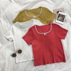 Plain U-neck Lace-trim Short-sleeve Knit Top