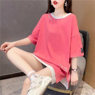 Short-sleeve Mock Two-piece Letter Embroidered T-shirt